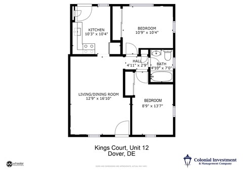 A floor plan for a property located at Kings Court, Unit 12, Dover, DE.